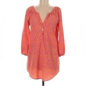 MUD PIE Women's Tunic Blouse 3/4 Sleeves V-Neck Gold Buttons Orange Pink Small